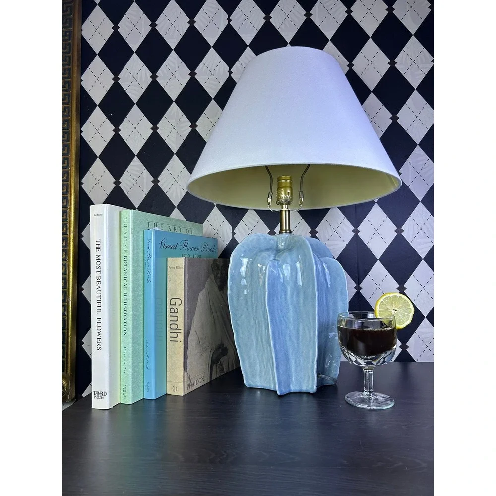 Large Sculptural Blue Pottery Table Lamp Fluted Statement Lighting 25